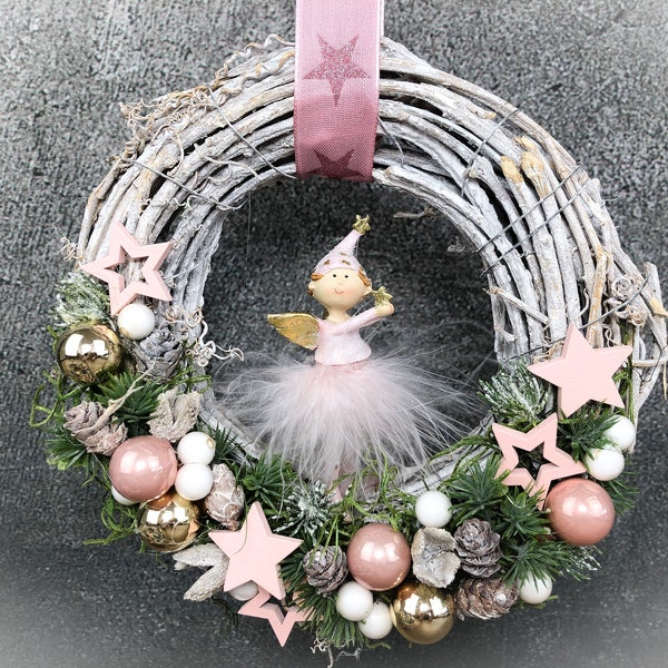 Door wreath angel angel Advent wreath pink door decoration star balls Christmas willow wreath