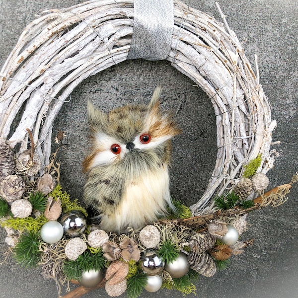 Advent door wreath door decoration door decoration Christmas owl Kautz moss willow cones with LED