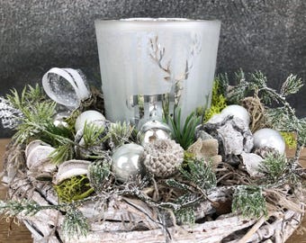 Advent wreath 20 cm with lantern and deer – silver Christmas decoration