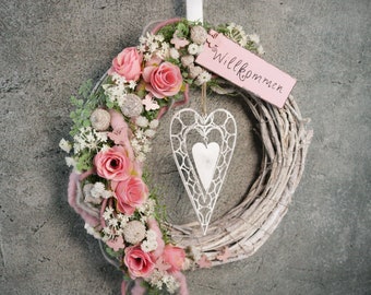 Door wreath Door decoration Door decoration Welcome heart Modern all year round door jewelry rose veil herb