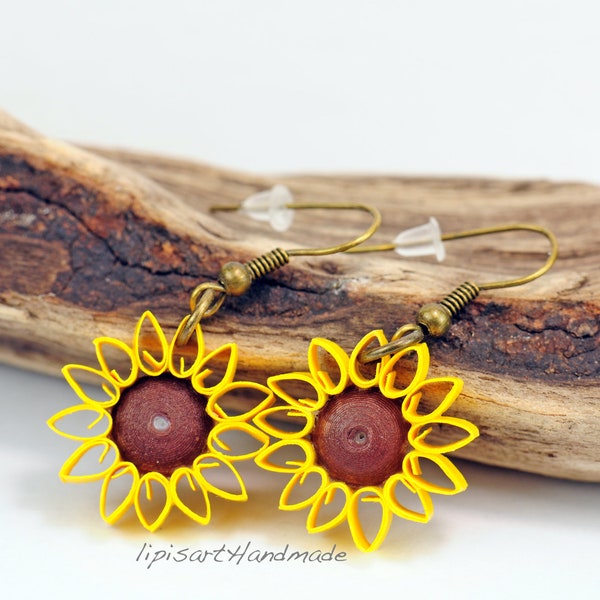 Hängeohrringe – Sonnenblume Papier Quilling Ohrringe Ohrhänger bronzefarben