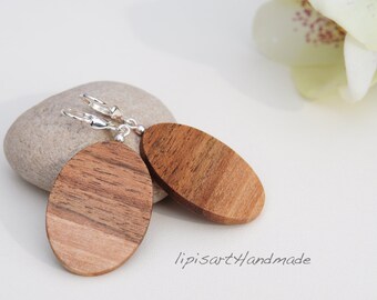 Wooden earrings – long oval walnut Easter egg silver leverback 925