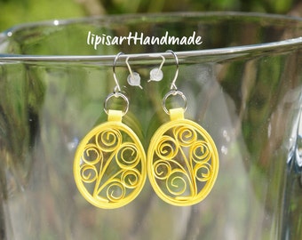 Large Earrings – Happy Tree Yellow in Oval Paper Jewelry Quilling