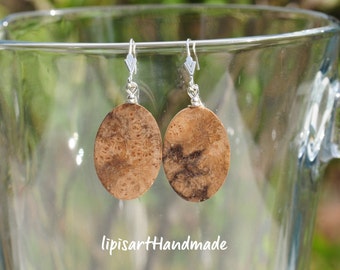 Wooden Earrings – Long Oval Walnut Maser Plywood Easter Egg Silver Brisur 925 Unique