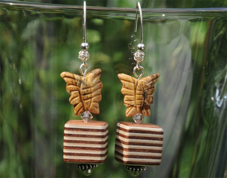 Earrings Funierwood Cube Plywood Jasper and 925 Silver image 1