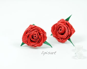 Stud Earrings - Bright Red Rose Paper