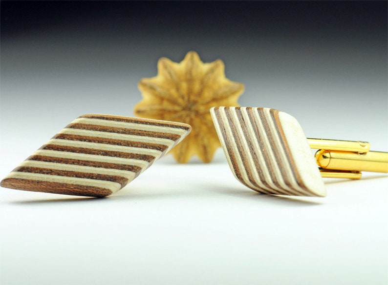 Cufflinks Diamond Precious Wood Veneer Gold image 3