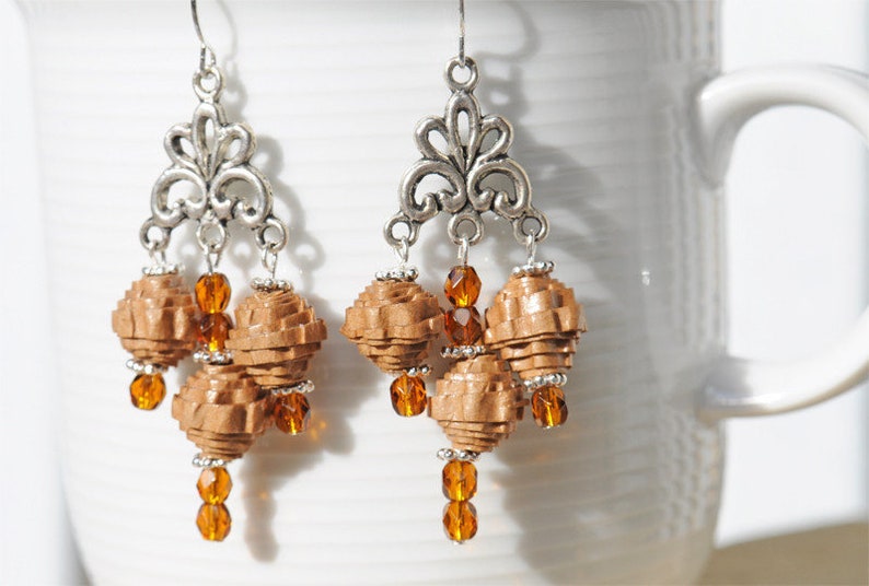 Chandeliers Boho earrings paper beads brown image 1