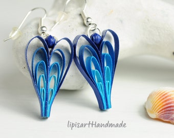 Große Ohrringe – Springbrunnen Herz Blau Papier Quilling