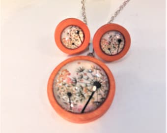 Wooden jewelry set, earrings and necklace with glass cabochon dandelion