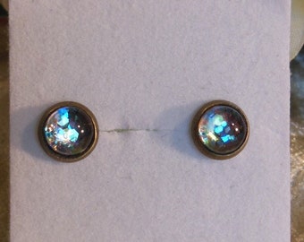 Damen Ohrstecker Punkte dunkelblau weiß dots versilbert Ohrringe Glas-Cabochon 12mm Motiv earstuds earrings handmade handgemacht by Schmuckphantasien rund Ohrschmuck