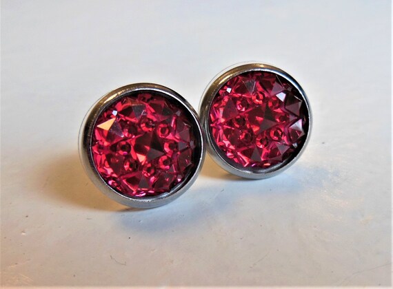 1 Pair Glitter Stainless Steel Stud Round Cabochon Earrings – Unisex – Butterfly Closure