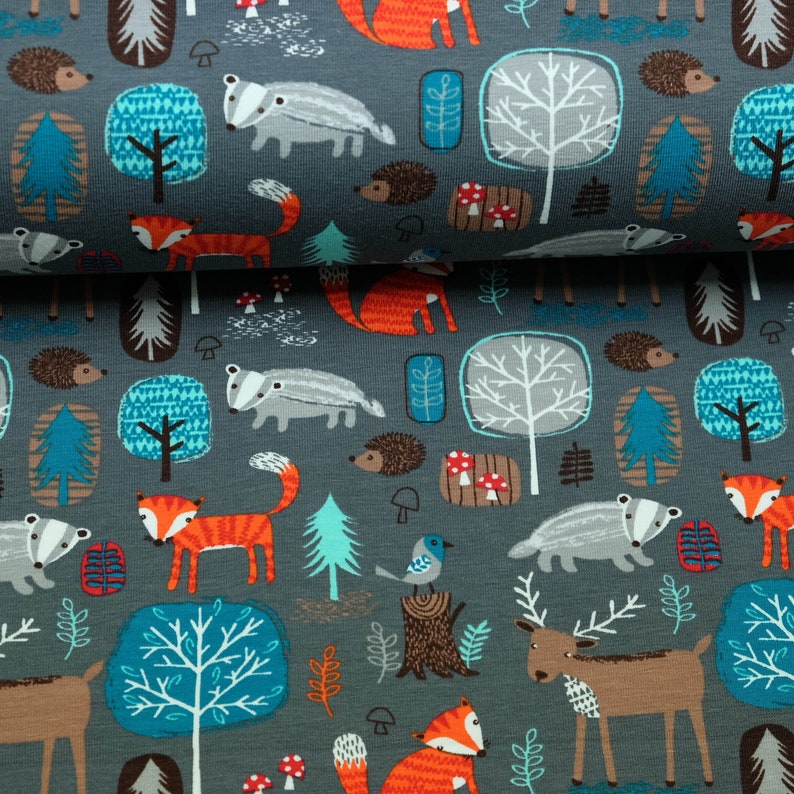 Jersey Stoff Waldtiere Fuchs Igel grau 1740 EUR/m | Etsy