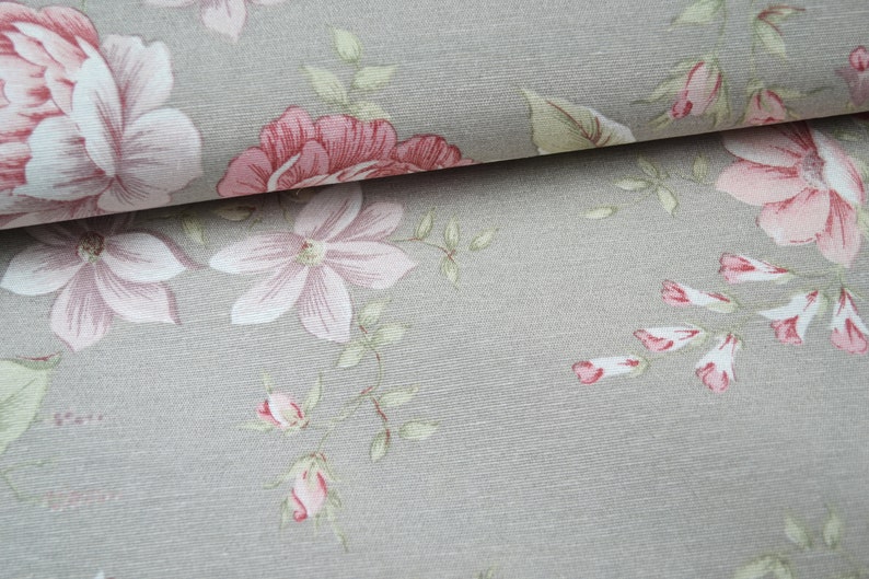 Tissu Déco Toile Gris Roses Etsy