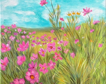 Pink flowers on a hillside, Wildflowers, wildflower painting, Cosmo flowers, Cosmos, whimsical flowers,  pink floral, wildflower painting