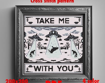 Take me with you alien digital cross stitch pattern _ 200x200 stitches _ black and white
