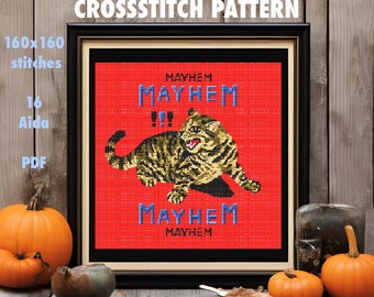 Mayhem cat cross stitch pattern
