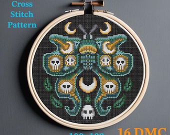 Skull Moon Moth digital cross stitch pattern _ 100x100 stitches _ imaginary nighttime insect