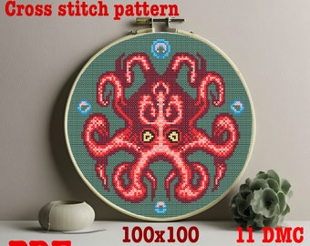 Deep Sea Octopus Cross Stitch Pattern: Symmetrical Ocean View (PDF Pattern)