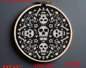 Skull and bones mandala digital cross stitch pattern | fun and spooky | 100x100 stitches
