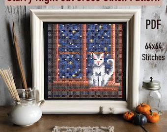Starry night cat cross stitch mini pattern