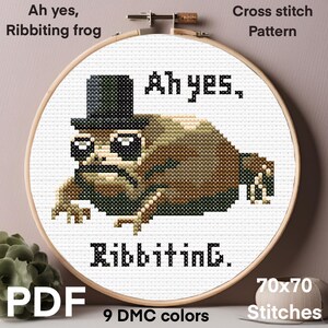 May include: Cross stitch pattern of a frog wearing a top hat and sunglasses, with the text "Ah yes, Ribbiting."  The pattern is 70 stitches by 70 stitches and uses 9 DMC colors.