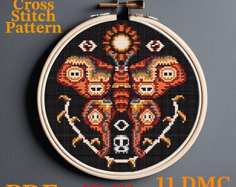 Skull Sun Moth cross stitch pattern PDF