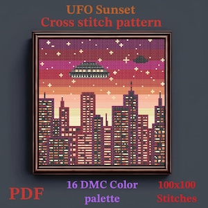 May include: Cross stitch pattern of a city skyline at sunset with two UFOs in the sky. The pattern is 100x100 stitches and uses 16 DMC colors.