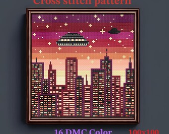 UFO Sunset Cross Stitch Pattern: Paranormal Cityscape (PDF)