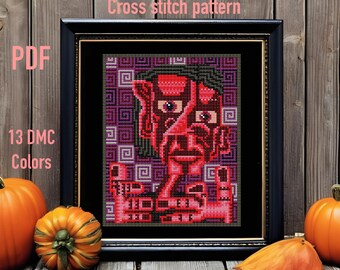 Cubist devil portrait digital cross stitch pattern _ crimson and purple _ 80x100 stitches