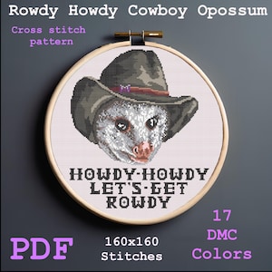 May include: A cross stitch pattern featuring a cartoon possum wearing a cowboy hat and the text "Howdy-Howdy Let's Get Rowdy". The pattern is 160x160 stitches and uses 17 DMC colors.