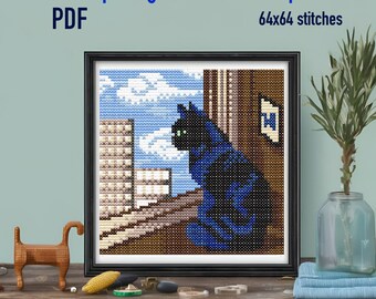 Contemplating cat digital mini cross stitch pattern _ city life _ 64x64 stitches _  feline having a thought