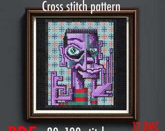 Abstract Portrait digital cross stitch pattern _ striped shirt _80x100 stitches