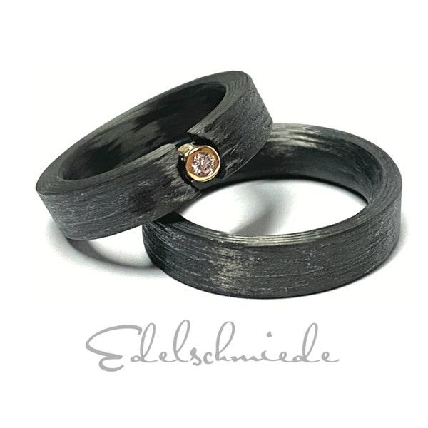 Trauringe Carbon schwarz Brillant (0,05ct) Gelbgold 750/-  modern ausgefallen Eheringe Partnerringe