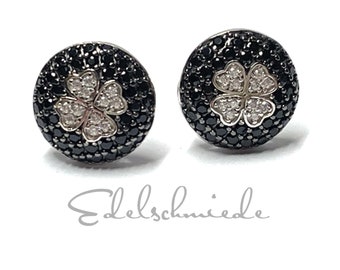 Stud earrings 925 silver rhodium-plated zirconia black and white silver stud clover leaf lucky