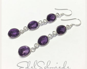 lange Ohrstecker 925 Silber mit Amethyst oval fac.