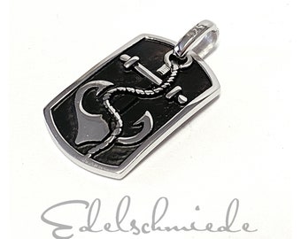 robust pendant as plate with anchor motif in 925/- sterling silver rhod. Blackened