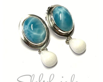 gorgeous stud earrings - single piece - in 925/- sterling silver with oval larimar cabochon and white jade pamphwork