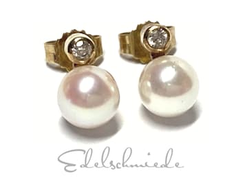 Earring 585 Gold freshwater pearl natural 6.5 mm brilliant 0.06ct w/si stud earrings