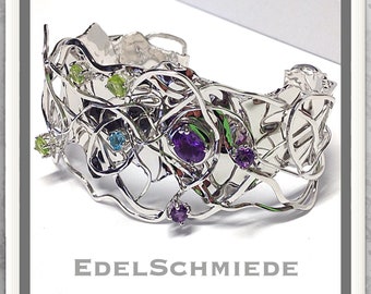 Armreif 925 Silber rh Amethyst, Peridot u Blautopa