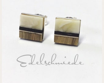 Modern square stud earrings in 925 silver with amber and wood and wood