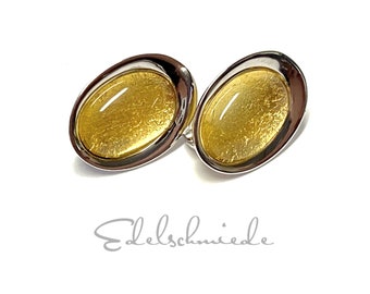 Earrings 925/- Sterling Silver Rhodium-plated Fine Gold Inlay Glass Cabochon oval Gloss