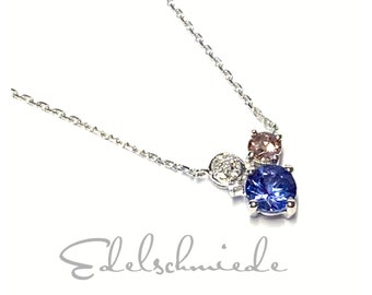 Necklace 375/- White Gold Diamond Garnet Tanzanite small discreet 42/45 cm