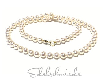 Perlenkette 750/- Gelbgold weiße Perlen mit Karabiner 50cm