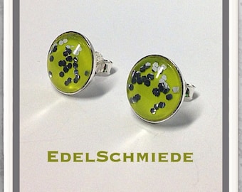 Stud earrings Silver 925 neon green with glitter