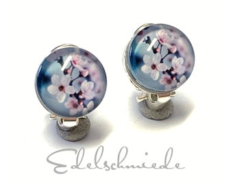 Earclips 925/- Sterling Silver with Glass Cabochon Cherry Blossom Print 12 mm