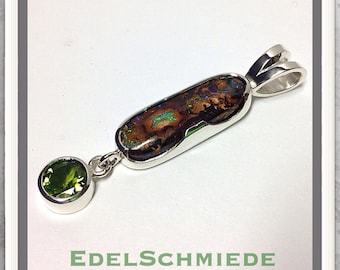 Unique jewelery pendant 925 silver with opal + peridot