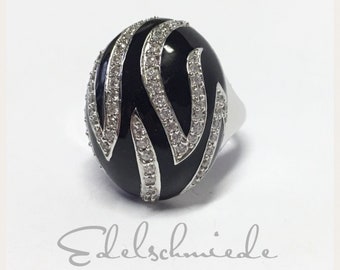 Women'S Ring 925 rhod with black Lacquer and Zirconia #54