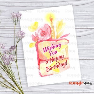 Verjaardagskaart, Taart met kaars en bloemen, Instant download, Aquarel wenskaart, Sublimatie, Wens je een gelukkige verjaardag! PNG, JPG