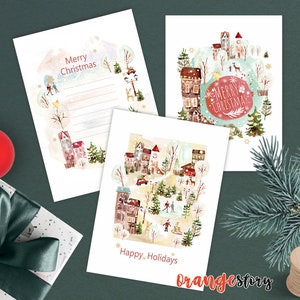 Juego de 3 tarjetas de felicitación navideñas imprimibles, paquete de tarjetas de Navidad, tarjeta digital de feliz fiesta, tarjetas de regalo de feliz navidad, tarjeta nevada navideña
